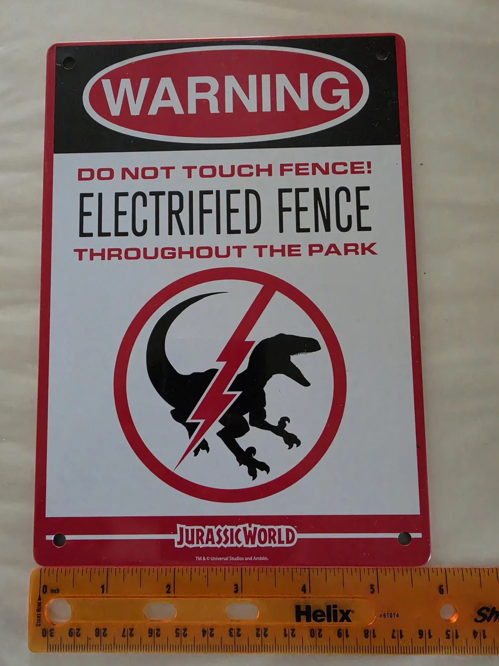 Jurassic World 'Electrified Fence' Warning Wall Sign - Red & Black
